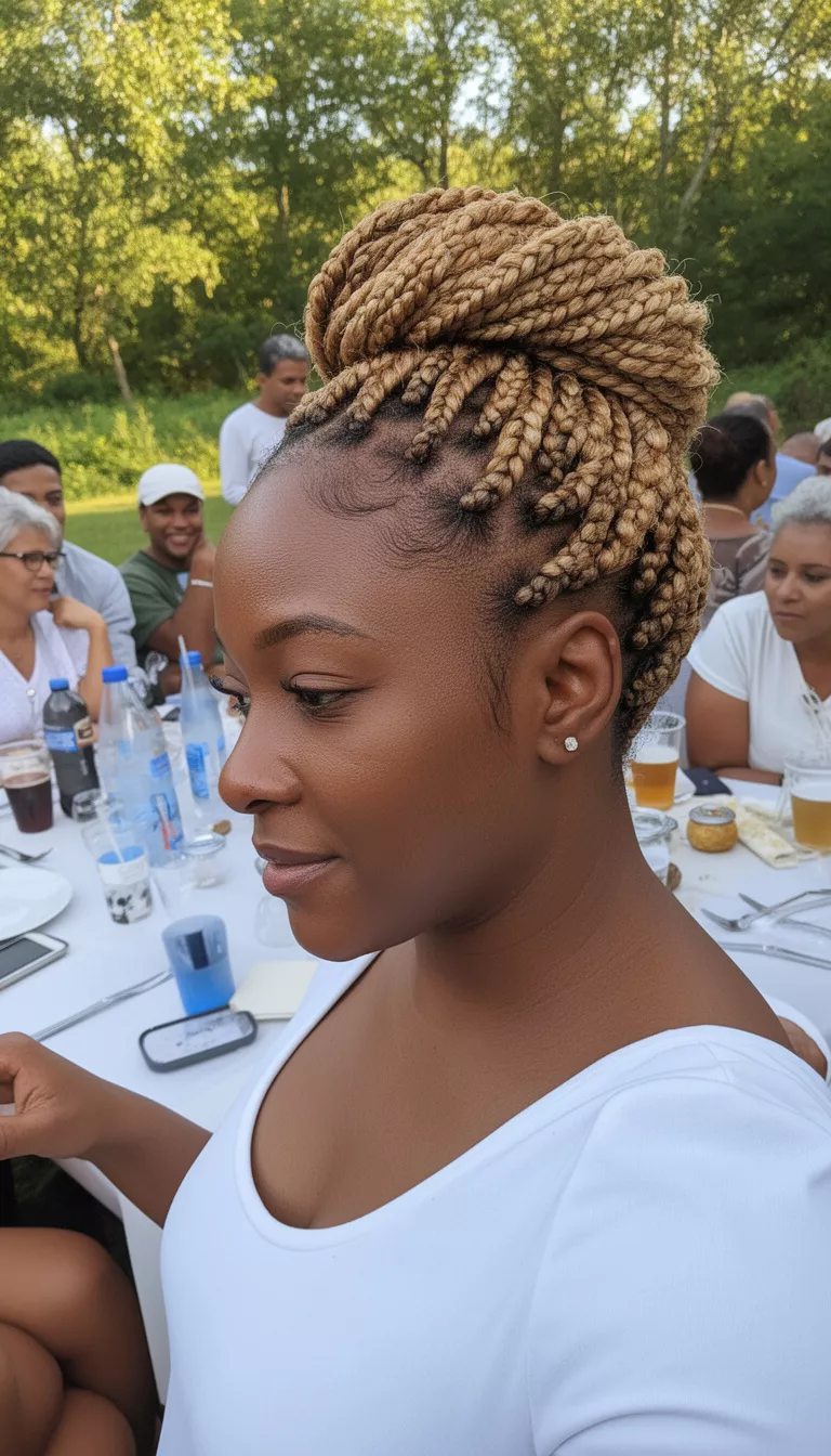 selfie of a 35-year-old black woman wearing a white top with a light brown and blonde colored micro-braids styled partially up hairstyle, side view, outdoor gathering around a table.