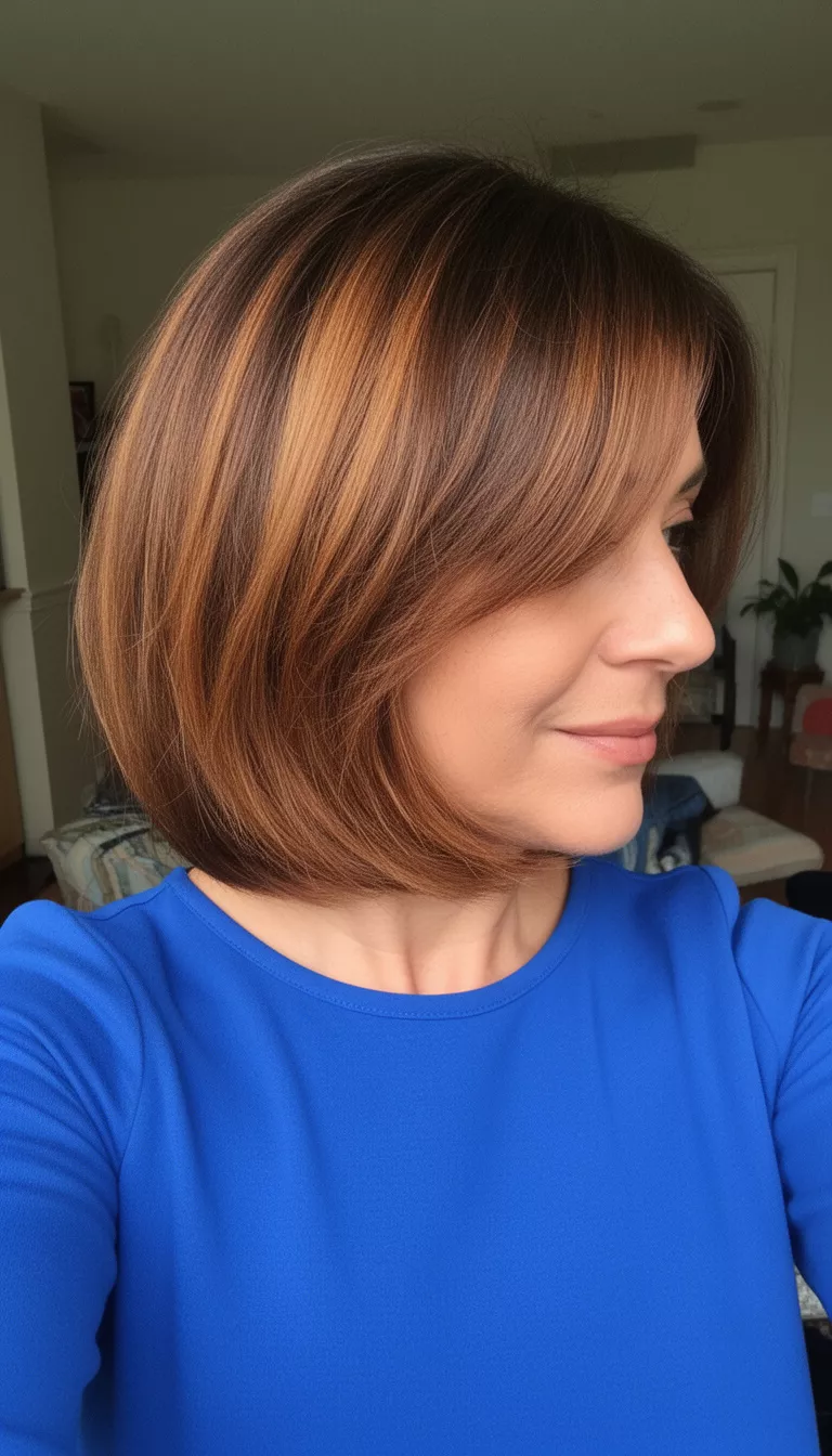 selfie of a 36-year-old woman wearing a blue top with a brown to caramel balayage colored medium-length layered bob hairstyle, side view, indoor.
