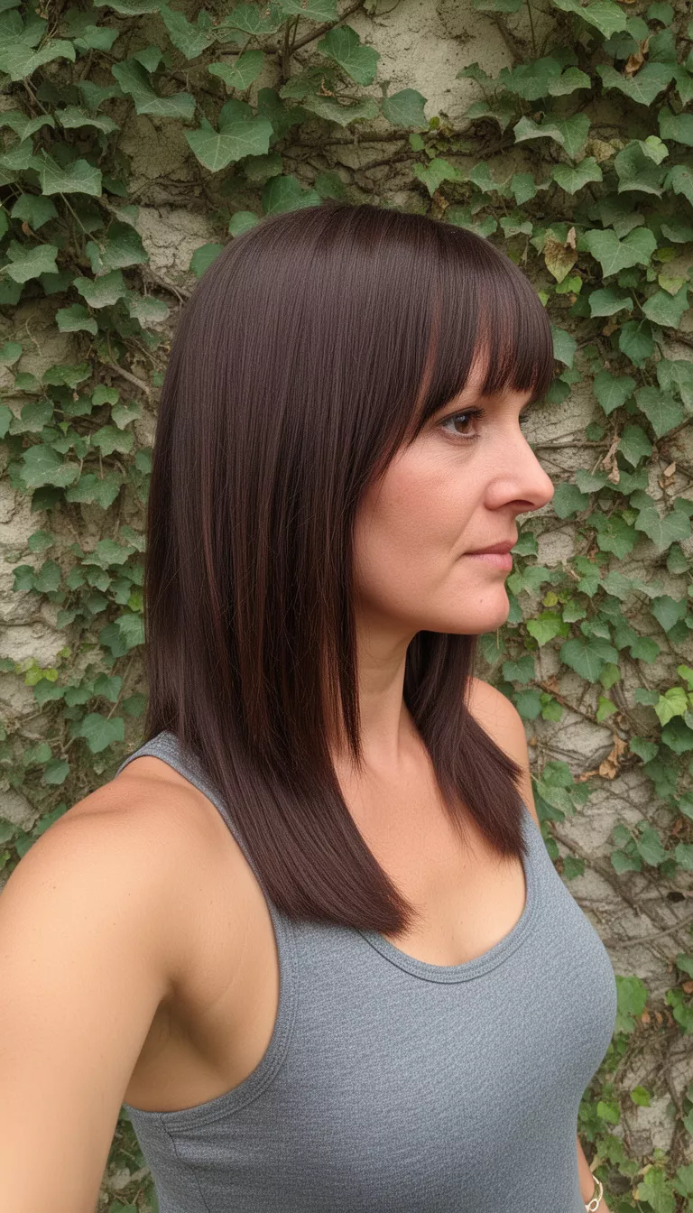 selfie of a 37-year-old woman wearing a grey tank top with a dark brown colored medium-length straight hairstyle, side profile, vine-covered wall backdrop.
