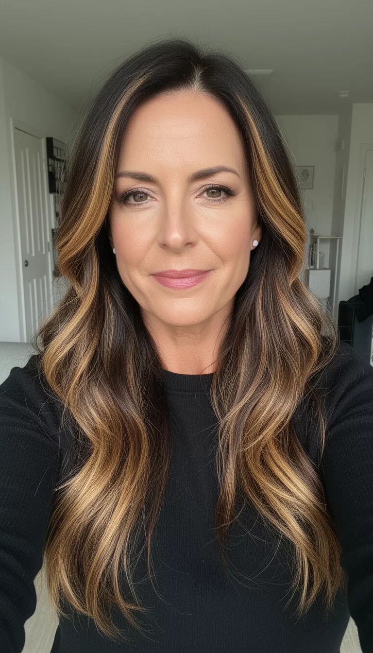 selfie of a 40-year-old woman wearing a black top with a dark brown hair with multidimensional caramel and blonde highlights colored long hairstyle, front view, indoors.