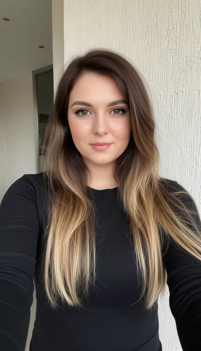 selfie of a 29-year-old woman wearing a black long-sleeved top with a dark brown hair with significant blonde highlights colored long hairstyle, front view, indoors near a textured wall.