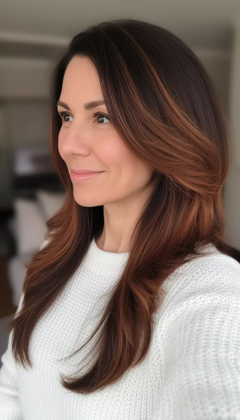 selfie of a 43-year-old woman wearing a white knit top with a dark brown hair with warm brown layers colored long hairstyle, side view, blurred background.