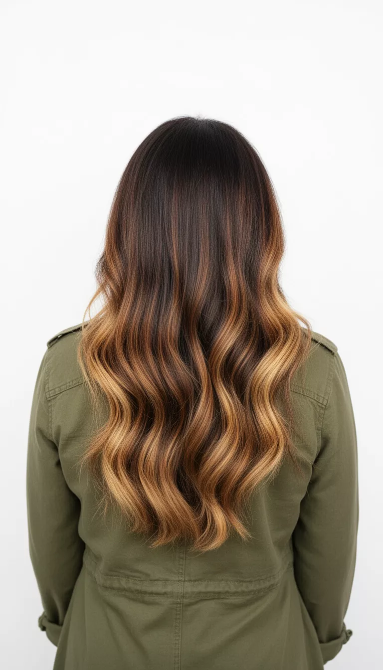 selfie of a 45-year-old woman wearing an olive green jacket with a dark hair highlighted with warm brown and blonde colored long hairstyle, back view, white background.