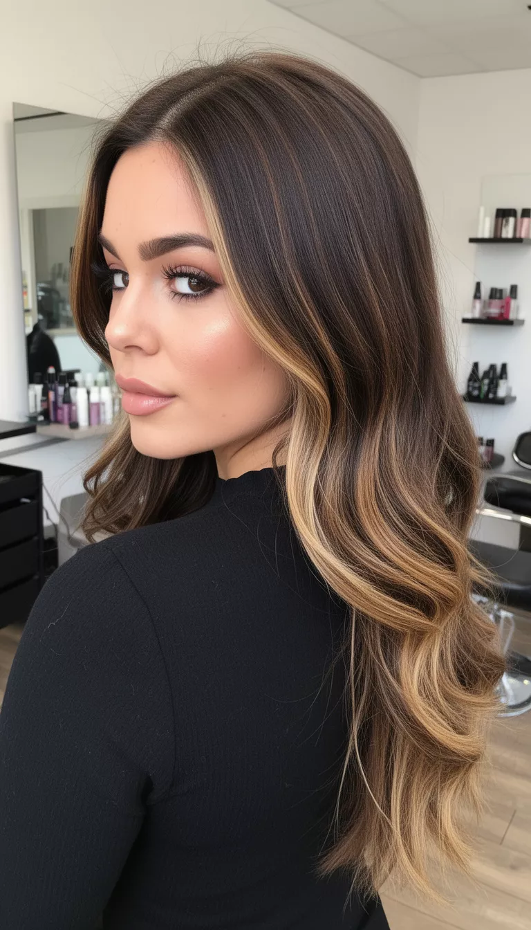 selfie of a 27-year-old woman wearing a black top with a dark brown hair with dramatic light brown and blonde highlights colored long hairstyle, side view, salon setting.