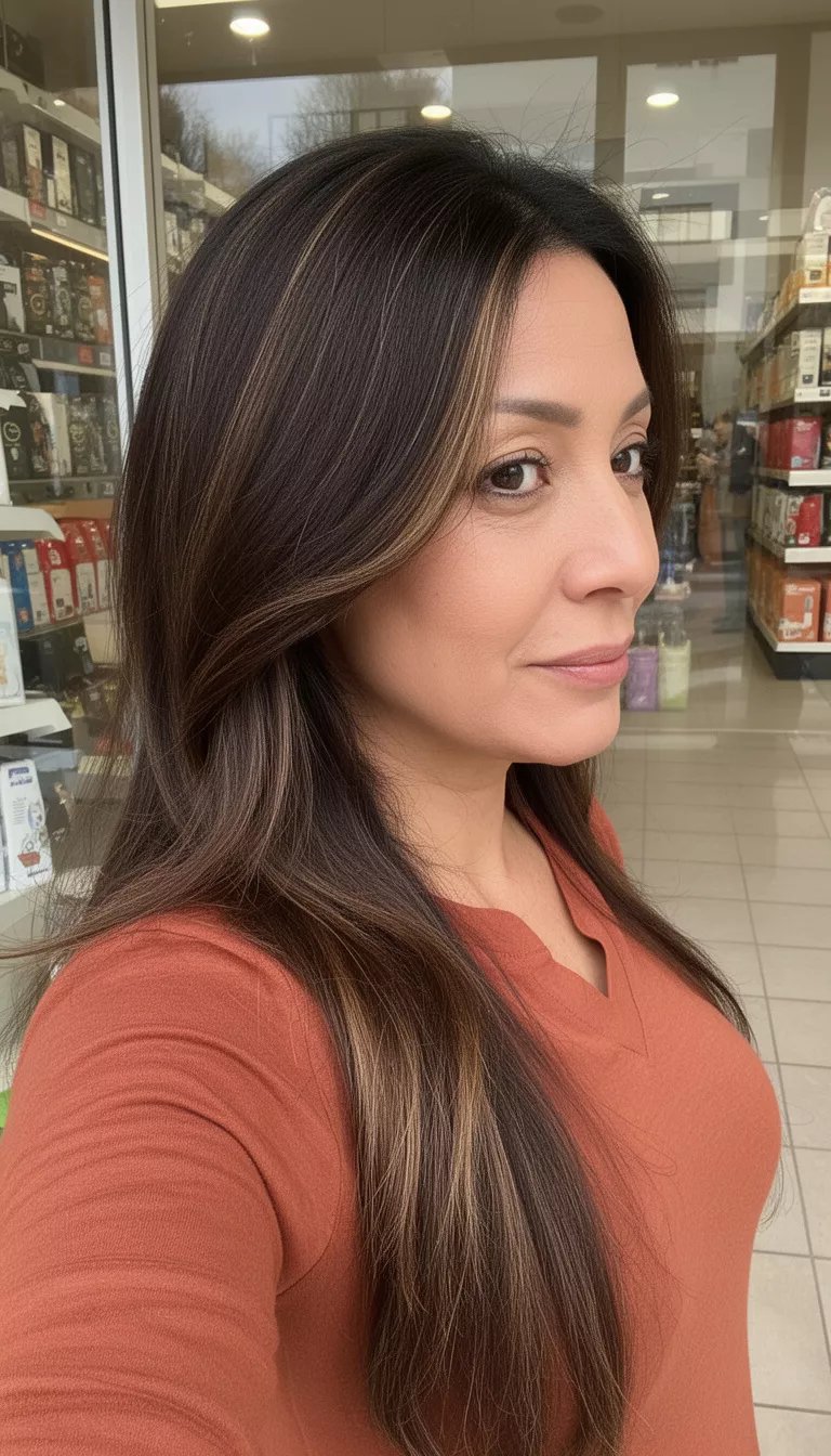 selfie of a 37-year-old woman wearing a rust-colored top with a dark brown with subtle highlights colored long hairstyle, side view, indoors near a storefront.