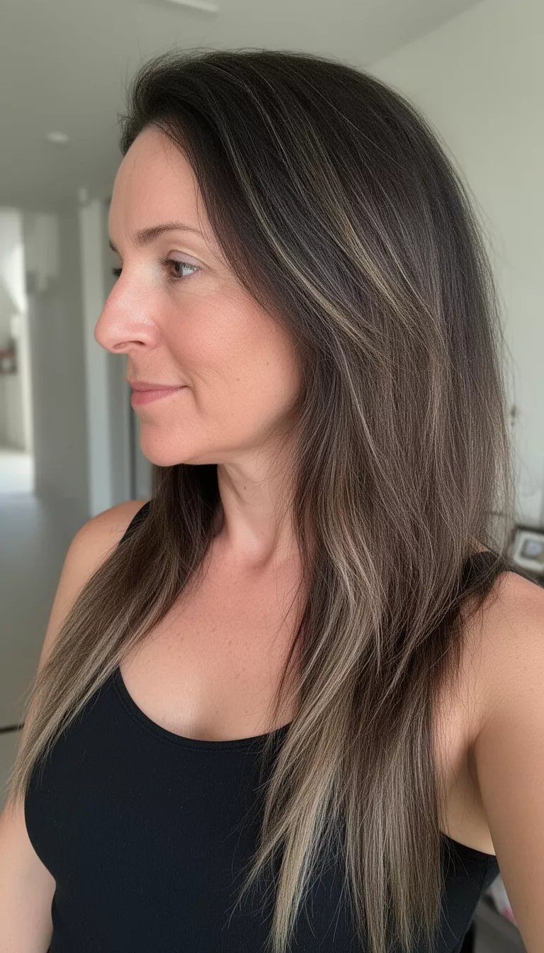 selfie of a 38-year-old woman wearing a black tank top with a dark brown hair with ash and light brown highlights colored long hairstyle, side view, indoors.