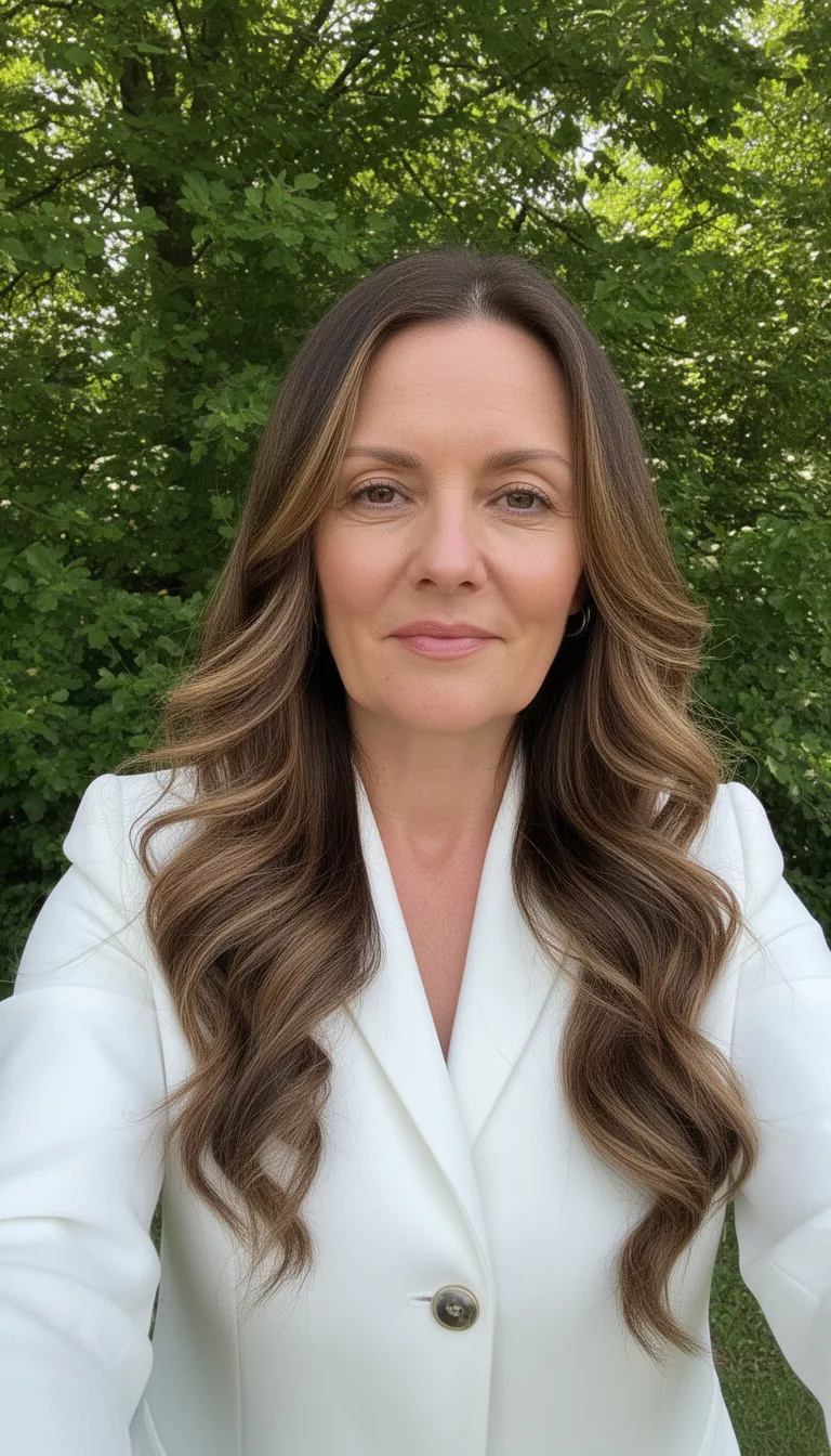 selfie of a 41-year-old woman wearing a white blazer with a long wavy brown hair with subtle lighter brown highlights colored long hairstyle, front view, outdoors with greenery.
