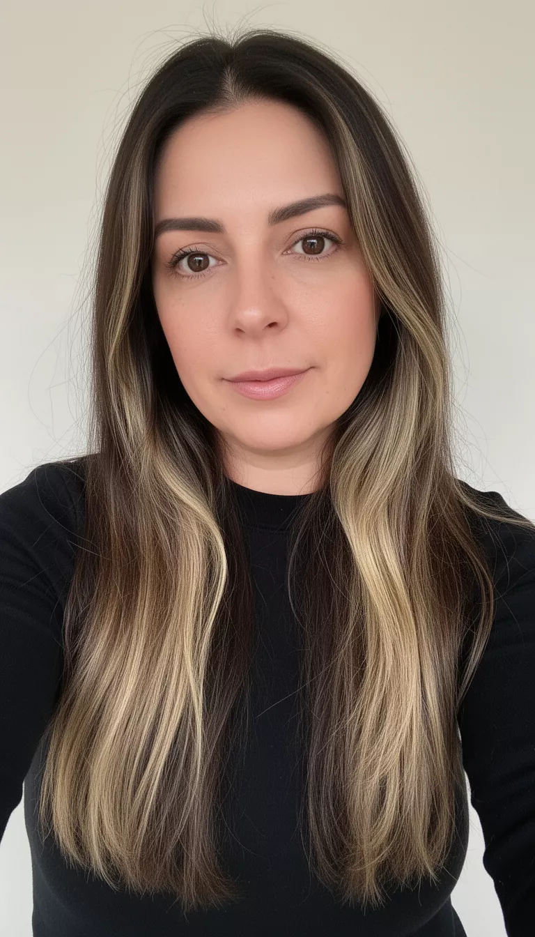 selfie of a 36-year-old woman wearing a black top with a dark brown hair with significant blonde highlights colored long hairstyle, front view, light background.