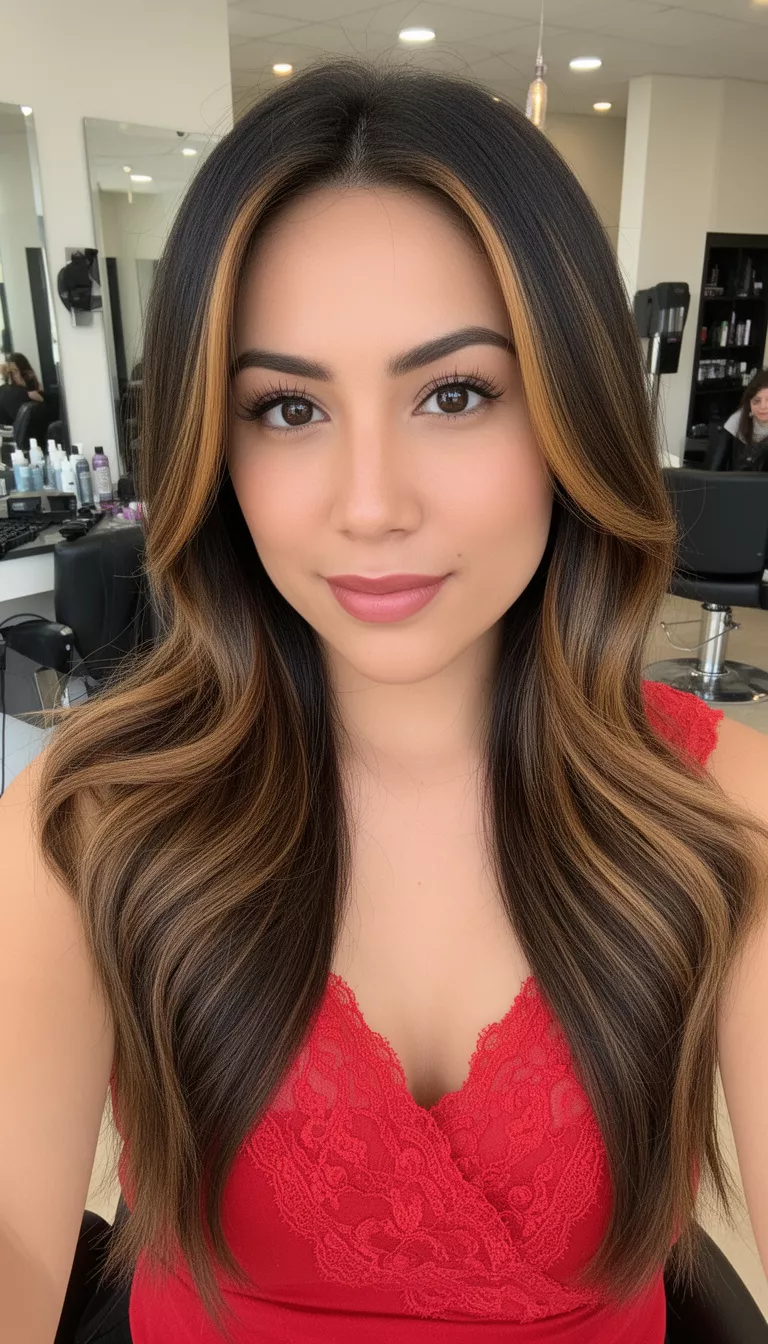 selfie of a 29-year-old woman wearing a red lace-trimmed top with a dark brown hair featuring prominent caramel highlights colored long hairstyle, front view, salon setting.