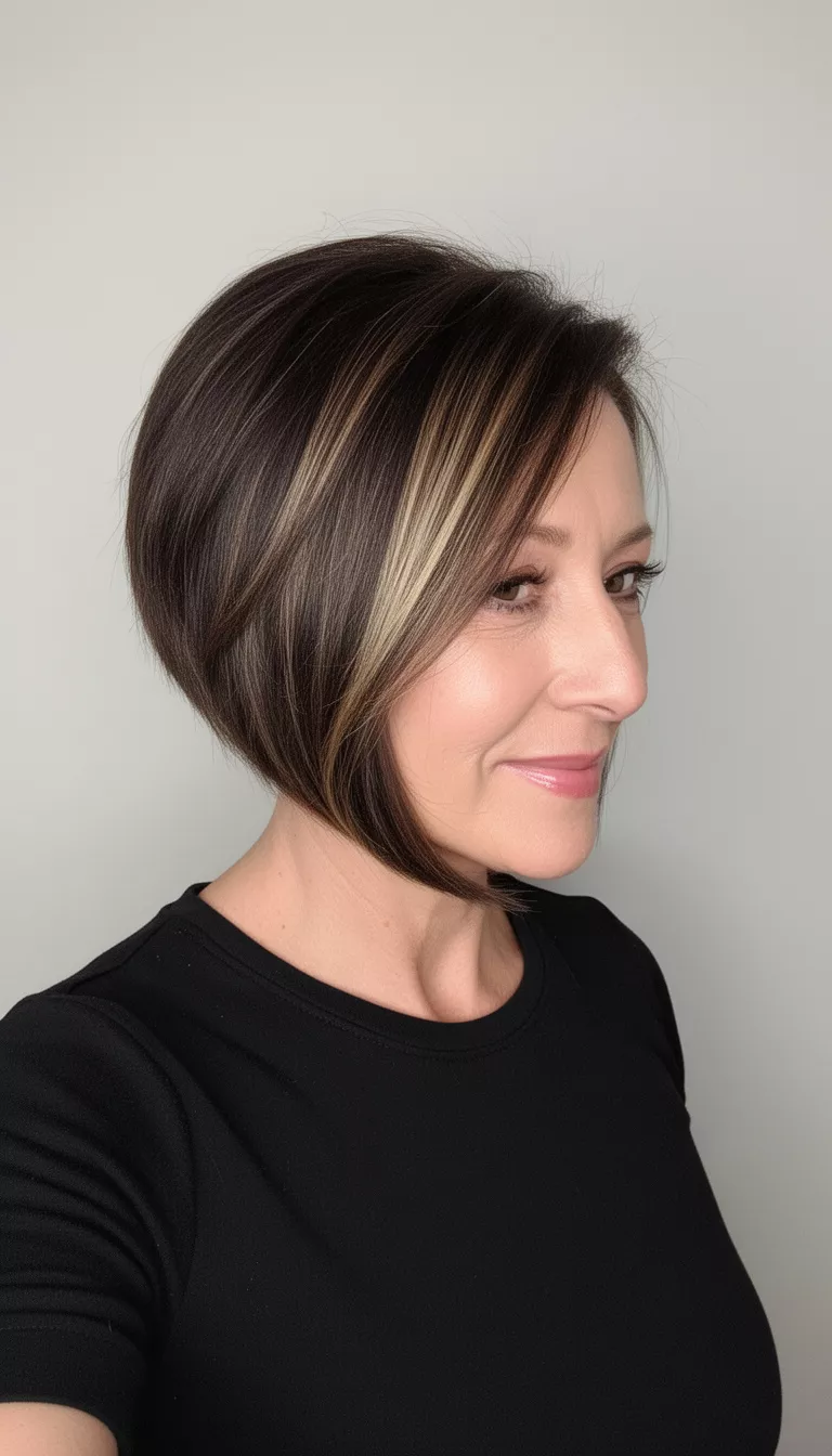 selfie of a 49-year-old woman wearing a black top with a short angled bob dark brown hair with subtle blonde highlights colored long hairstyle, side view, plain background.
