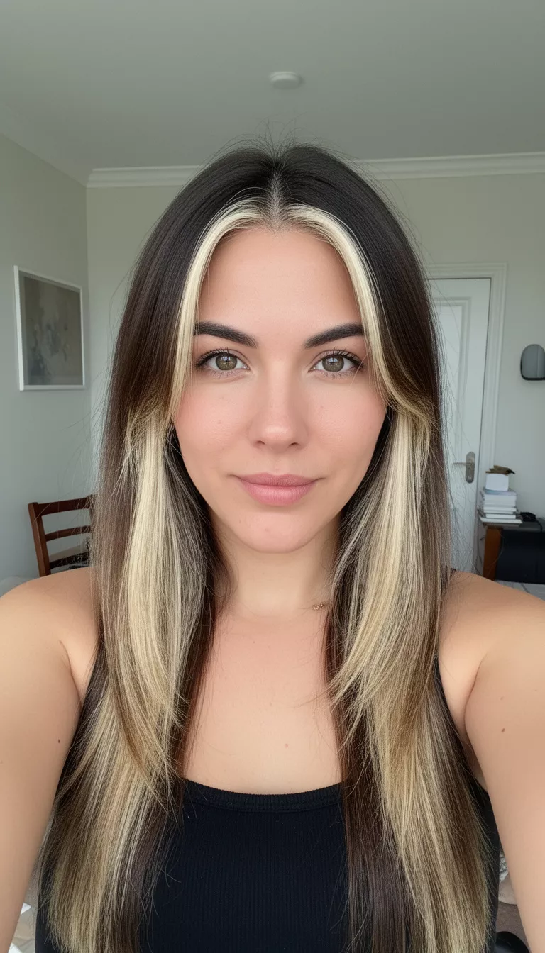 selfie of a 30-year-old woman wearing a black tank top with a dark brown hair with blonde face-framing highlights colored long hairstyle, front view, bright indoor setting.