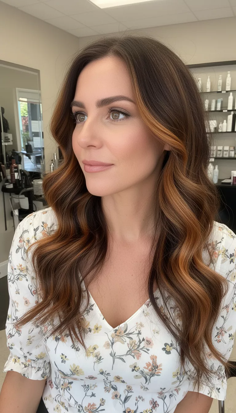 selfie of a 35-year-old woman wearing a white floral top with a wavy medium-dark brown hair with warm caramel highlights colored long hairstyle, side view, salon setting.