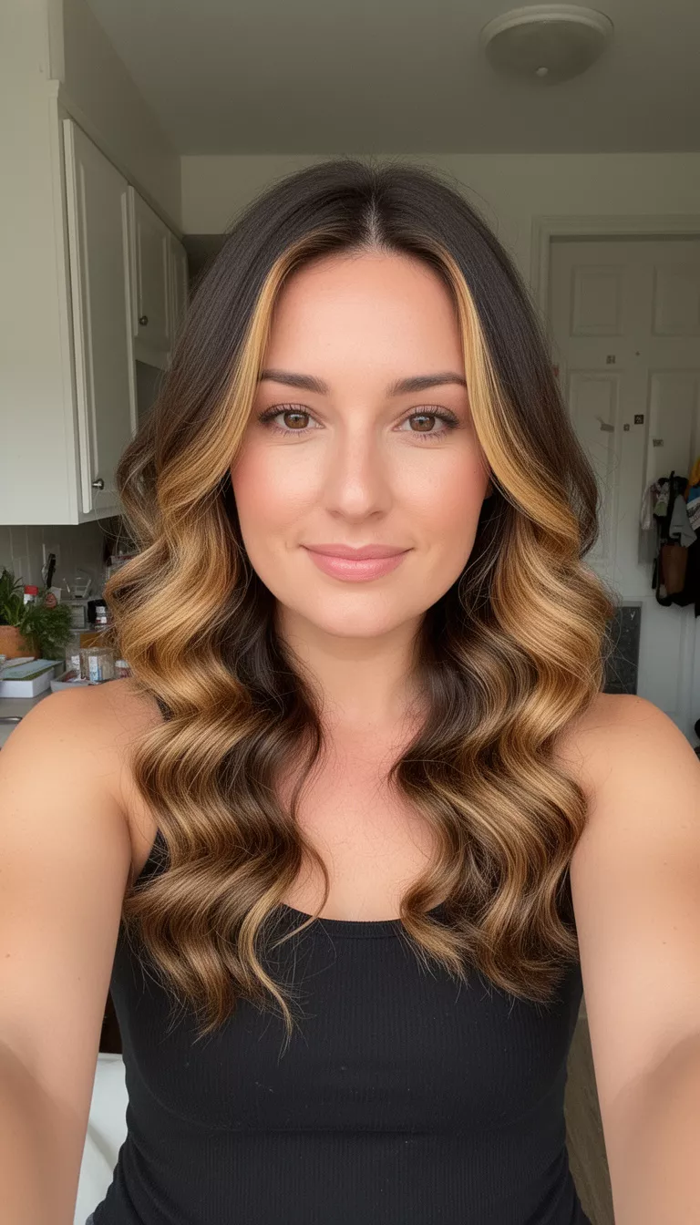 selfie of a 33-year-old woman wearing a black tank top with a dark brown hair with chunky caramel blonde waves colored long hairstyle, front view, indoors.