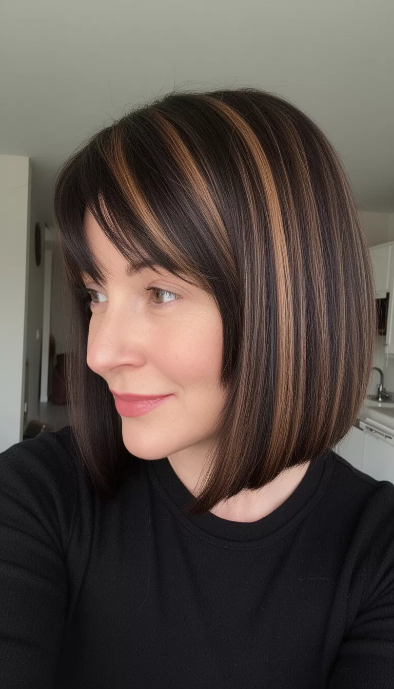 selfie of a 42-year-old woman wearing black attire with an angled stacked bob dark brown hair with subtle lighter brown streaks colored long hairstyle, side view.