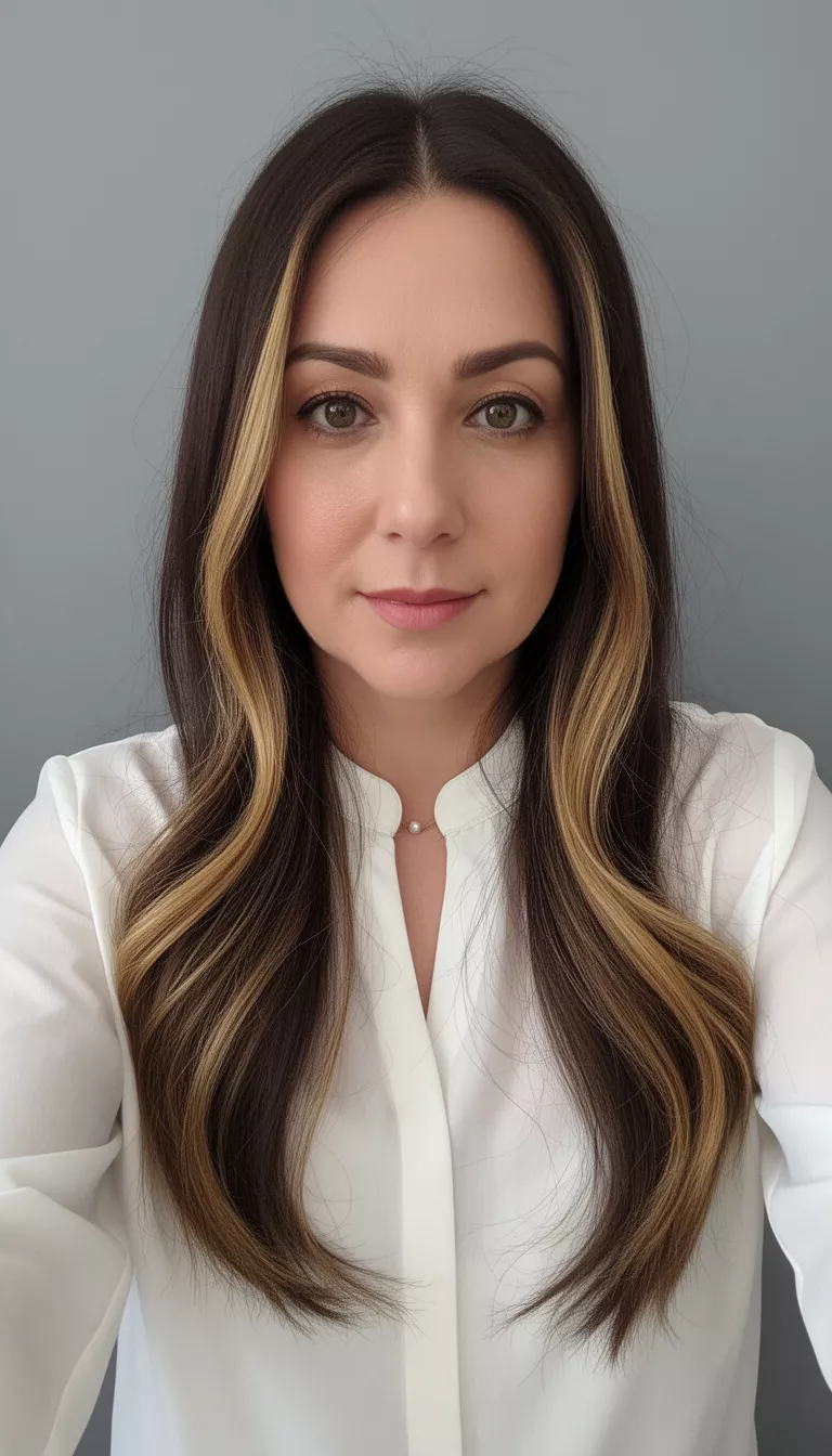 selfie of a 39-year-old woman wearing a white blouse with a long dark brown hair with face-framing golden highlights colored long hairstyle, front view, plain grey background.
