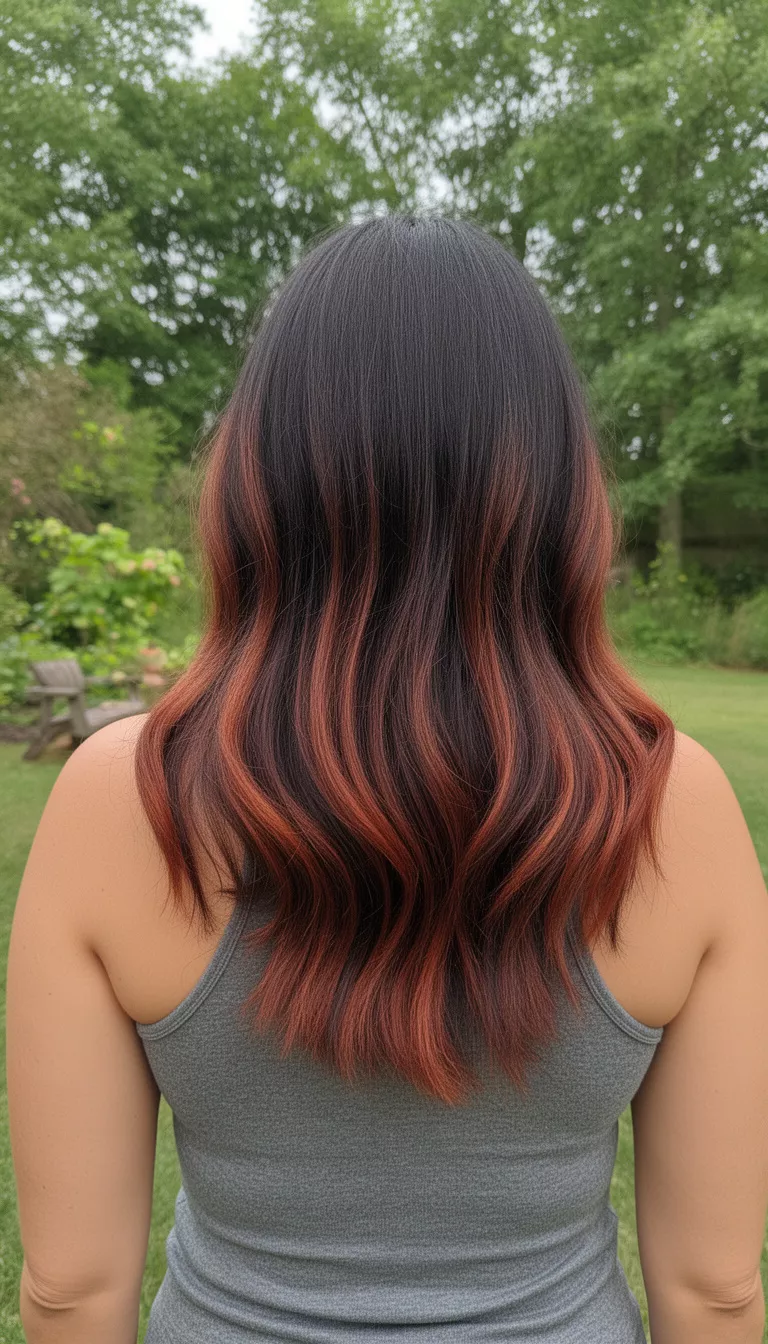 selfie of a 34-year-old woman wearing a grey tank top with a medium-length dark brown hair with reddish-brown balayage colored long hairstyle, back view, outdoors.