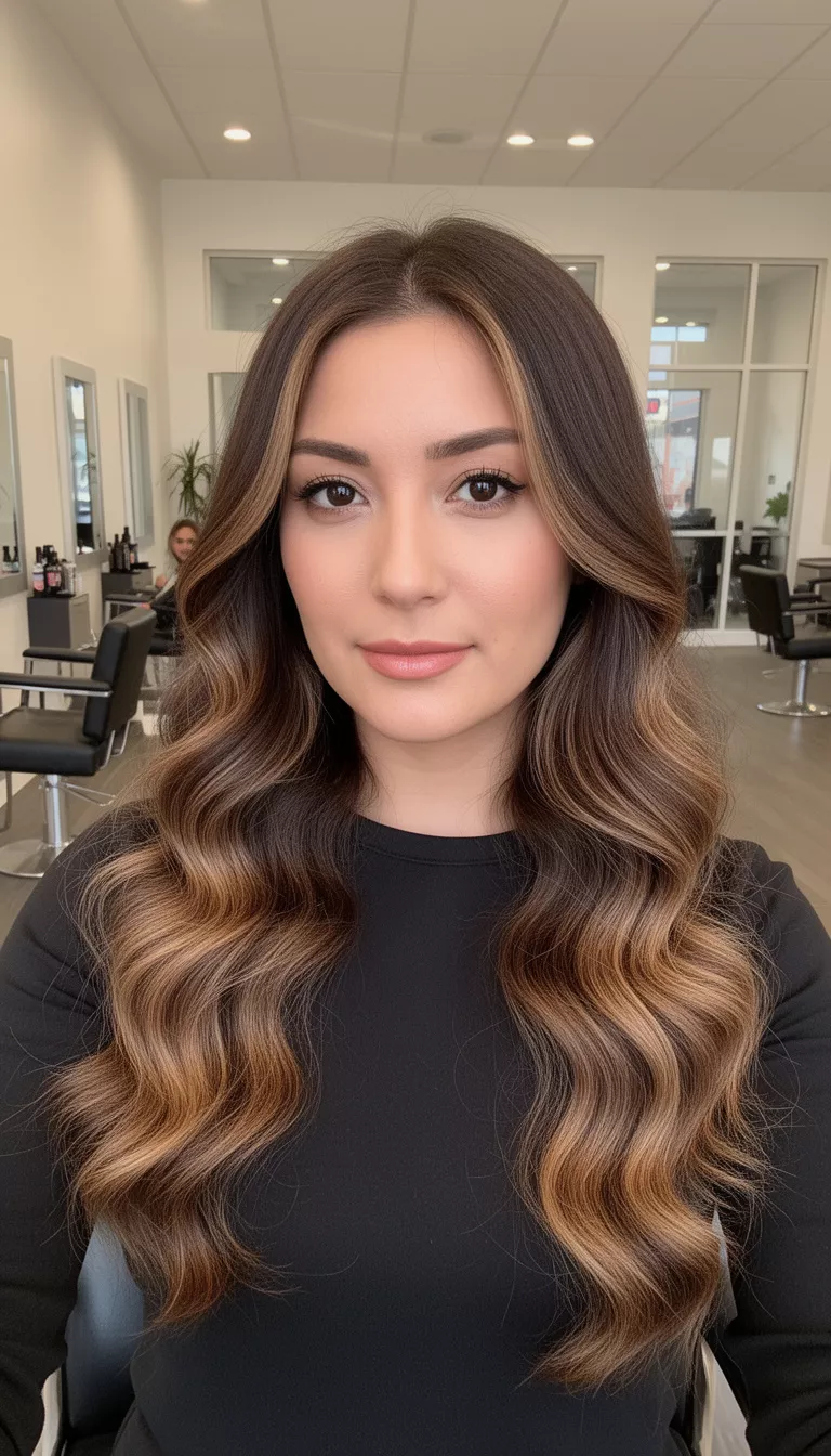 selfie of a 31-year-old woman wearing a black top with a dark brown featuring soft lighter brown waves colored long hairstyle, front view, indoors in a salon setting.