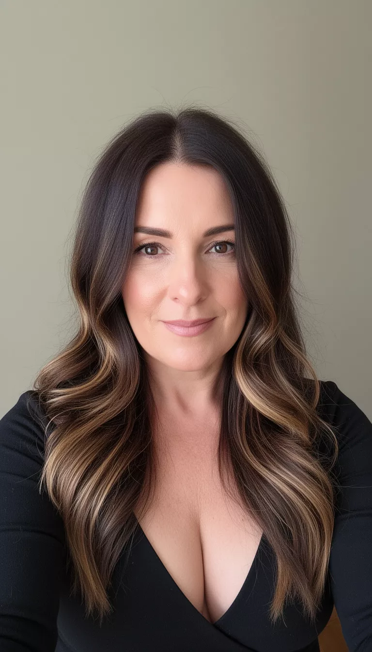 selfie of a 47-year-old woman wearing a low-cut black top with a dark brown hair with warm brown and subtle blonde highlights colored long hairstyle, front view, neutral background.