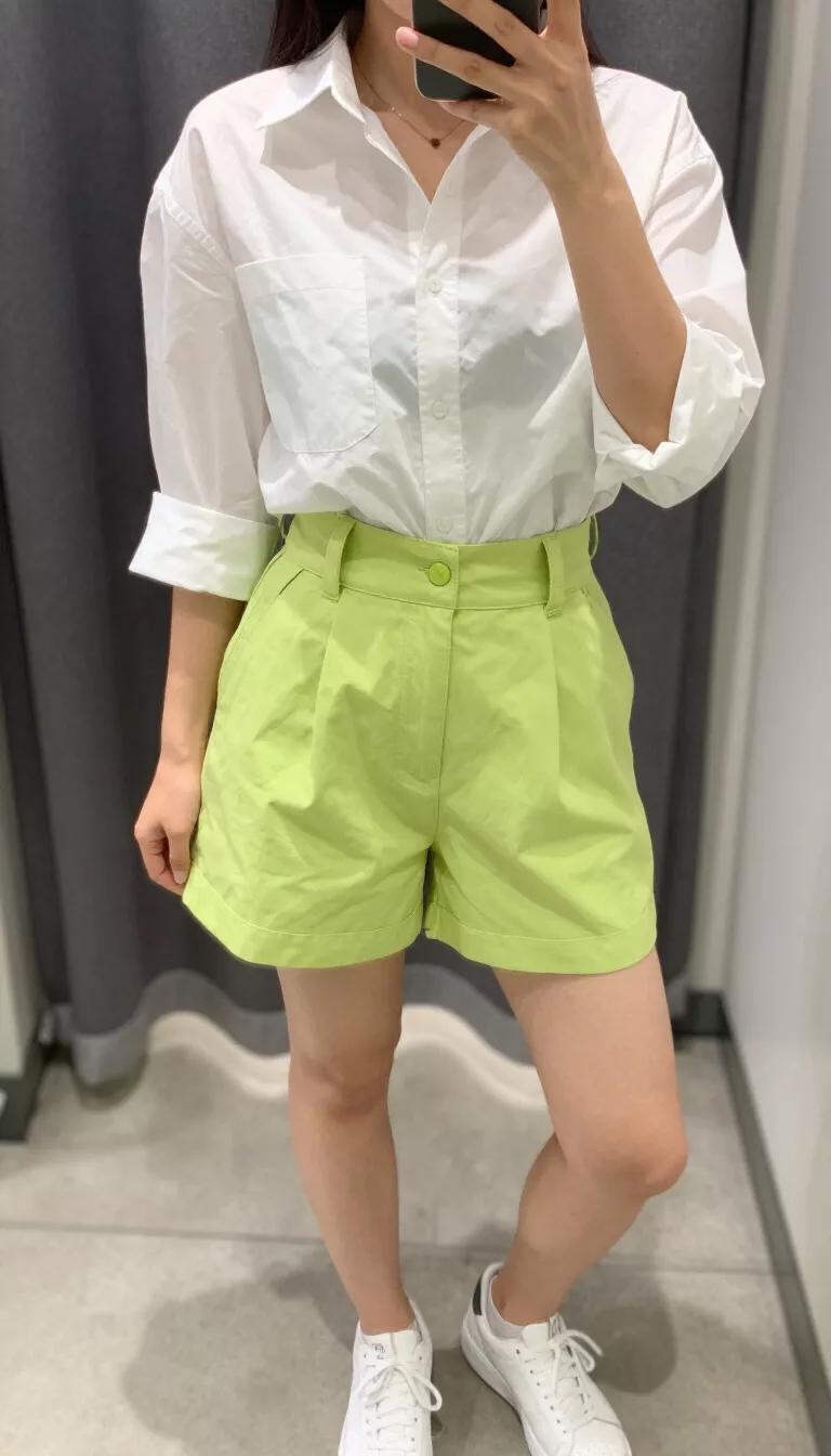 A realistic photo of a woman taking a mirror selfie wearing a white cropped button down shirt with rolled sleeves over bright lime green pleated high waisted shorts and white sneakers.
