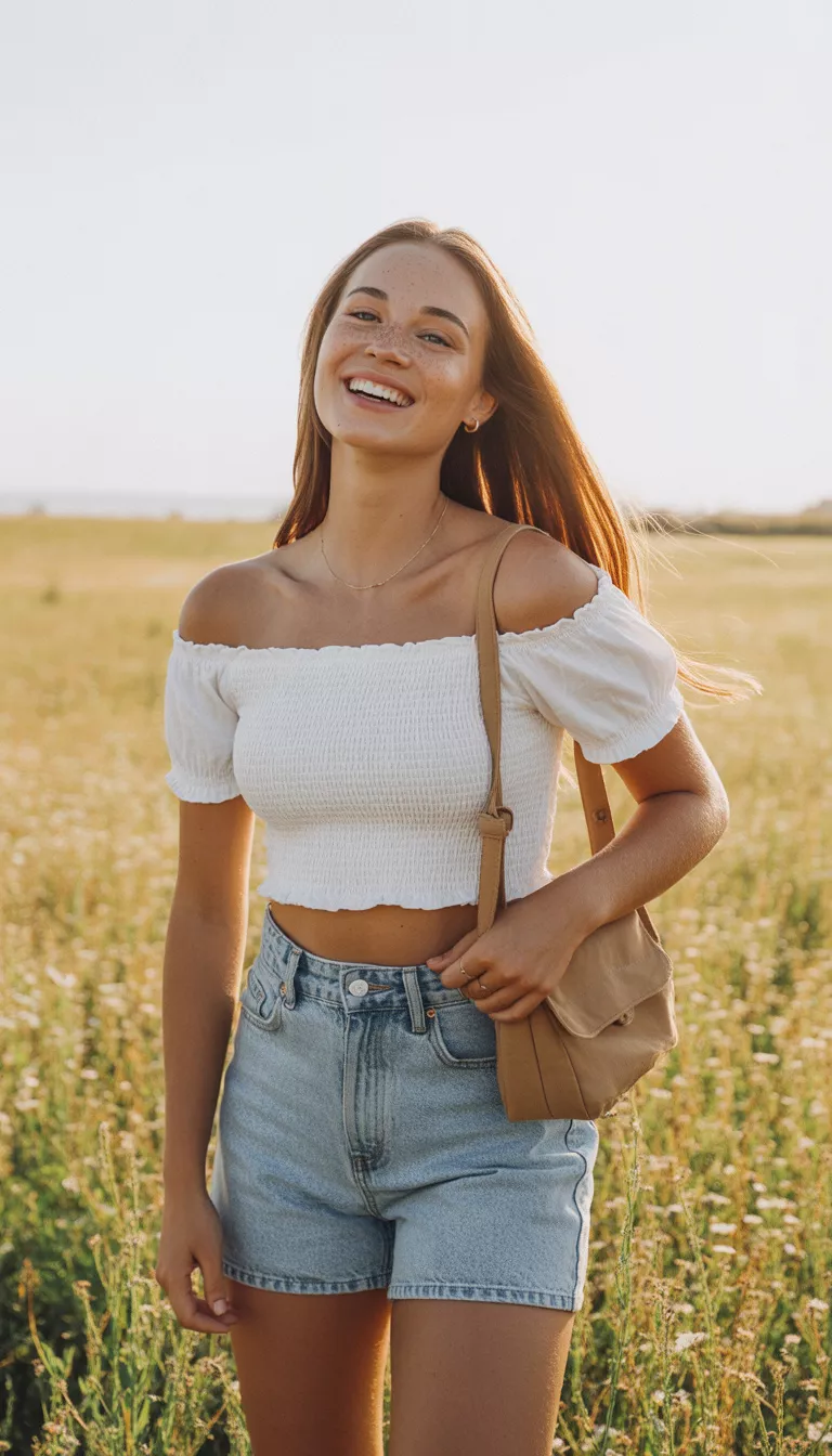 A realistic photo of a woman smiling outdoors wearing a white off the shoulder smocked crop top, very short high waisted light wash denim cutoff shorts, and a small tan shoulder bag.