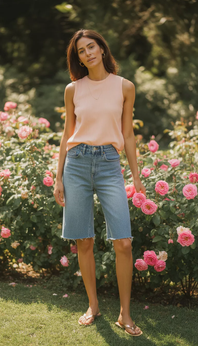 A realistic photo of a woman standing near pink roses wearing a sleeveless light peach top tucked into high waisted frayed medium wash denim Bermuda shorts and flip flops.