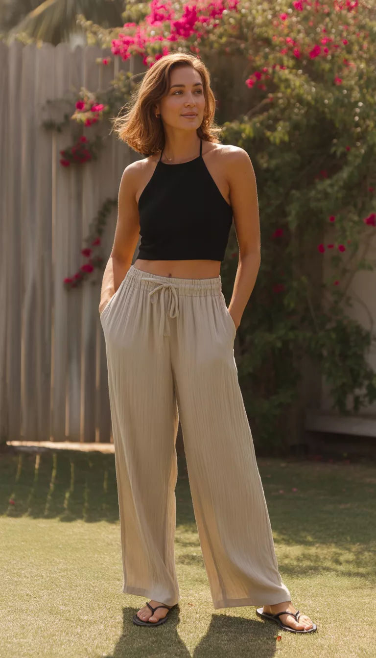 A realistic photo of a woman standing outside wearing a black halter crop top, light beige drawstring linen blend wide leg trousers, and black flip flops.