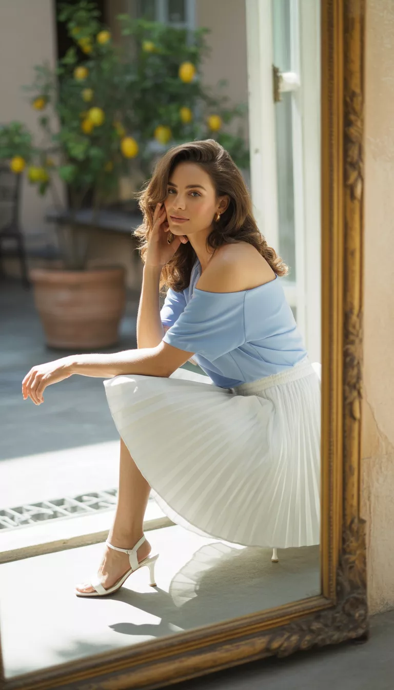A realistic photo of a woman posing with a mirror wearing a light blue off the shoulder top, a white pleated tennis skirt, and white heeled sandals.