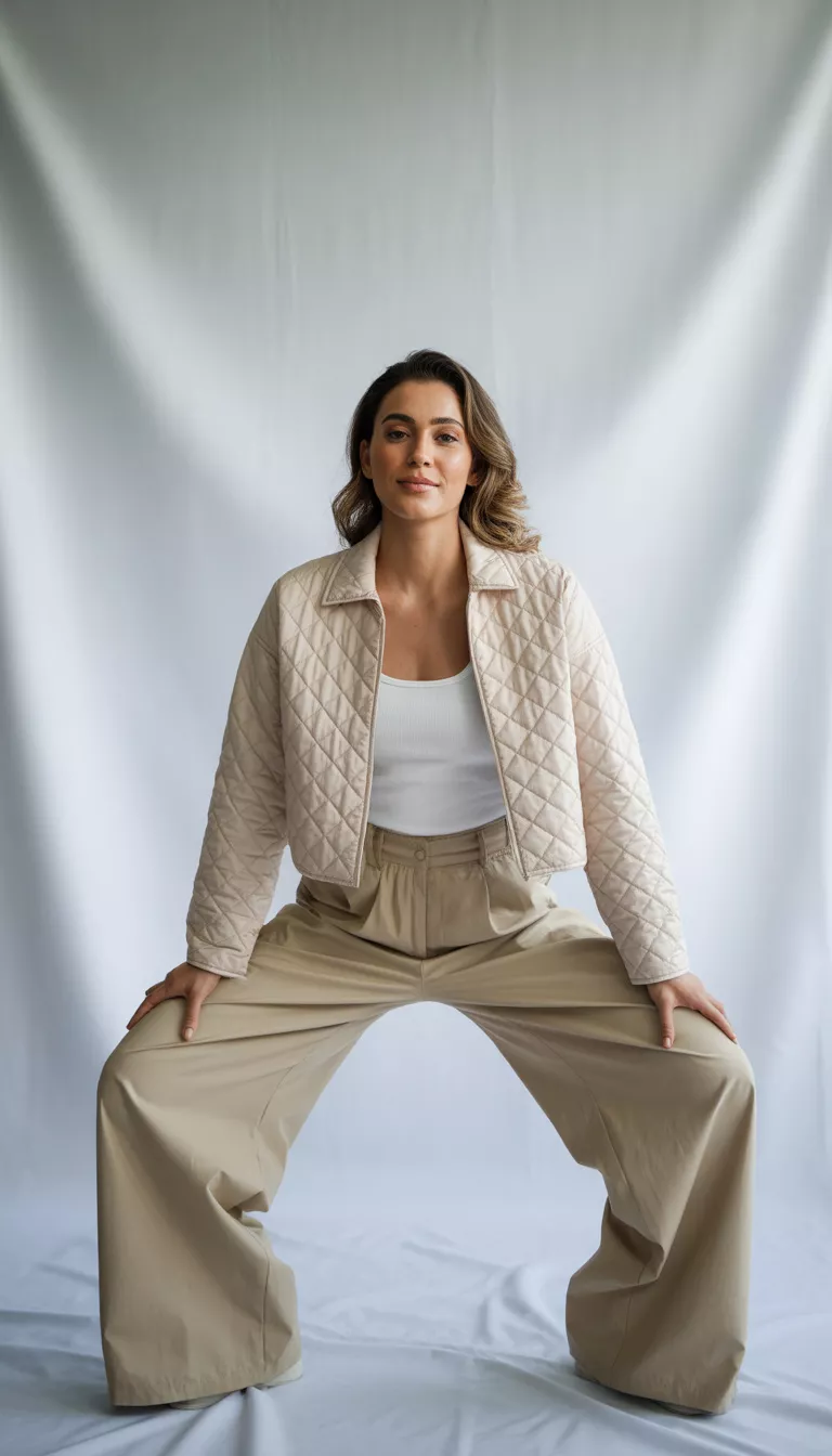 A beautiful woman in a light beige quilted cropped jacket, white tank top, and extremely wide leg beige cargo pants, standing against a white background.