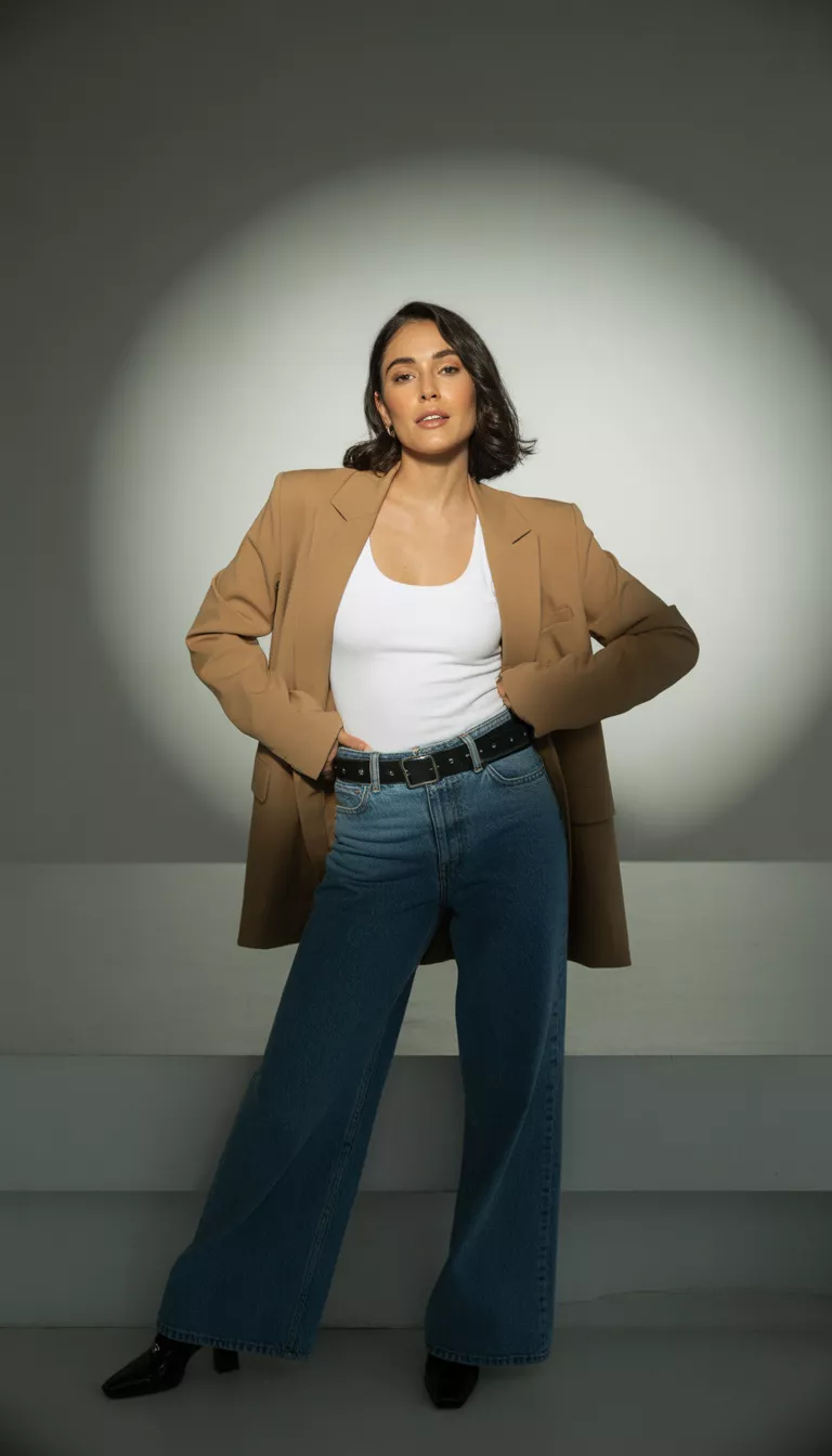 A beautiful woman in a tan blazer, white tank top, wide leg blue jeans, prominent belt, and black shoes, standing in a studio setting.