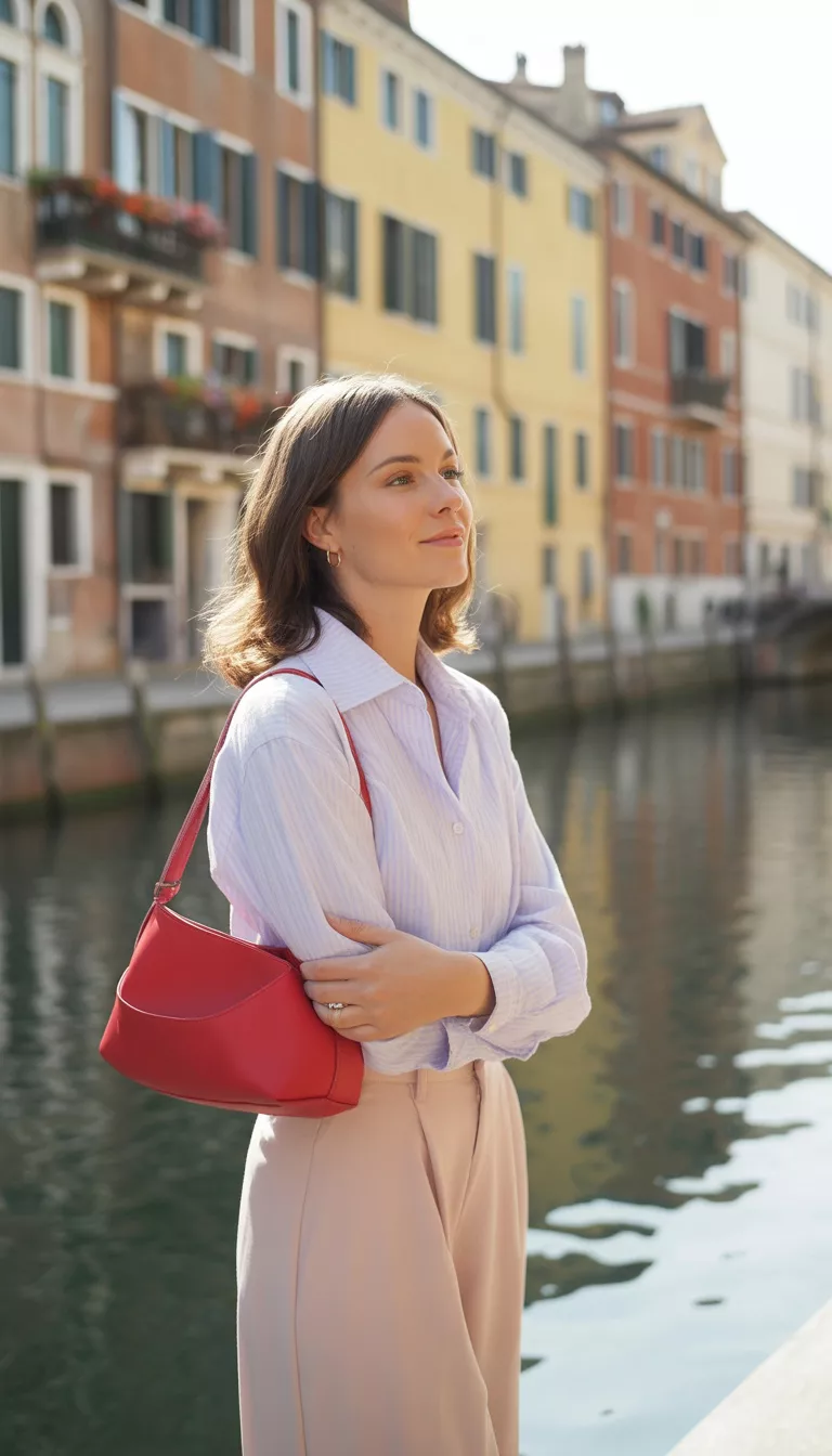 A beautiful woman in a light lavender button up shirt and pale pink wide leg trousers, she carries a red shoulder bag, standing in an outdoor city canal setting.