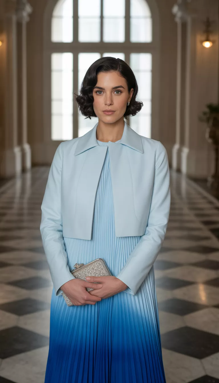 A beautiful woman in a light blue collarless cropped jacket over a cascading pleated sky to royal blue ombre dress, standing in a formal indoor setting.