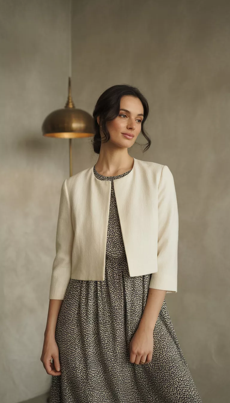 A beautiful woman in a cream collarless three quarter sleeve cropped jacket over a black and white small dot patterned midi dress, standing against a neutral backdrop.