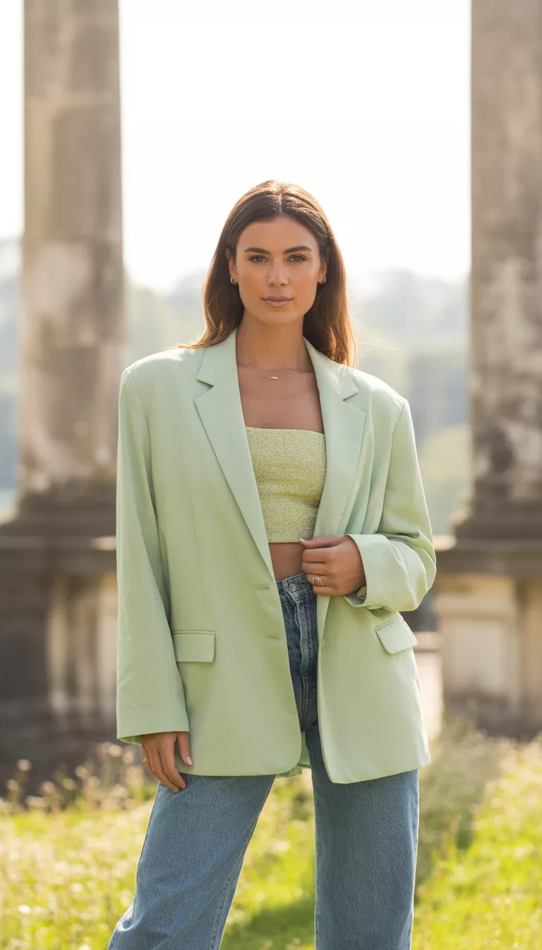A beautiful woman in an oversized pale mint green blazer, textured yellow bandeau top, high waisted blue jeans, standing outdoors near classical columns.