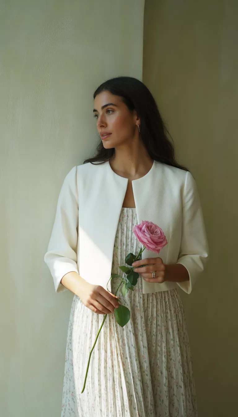 A beautiful woman in a white collarless three quarter sleeve cropped jacket over a white dress with pink and green floral print, standing against a light wall.
