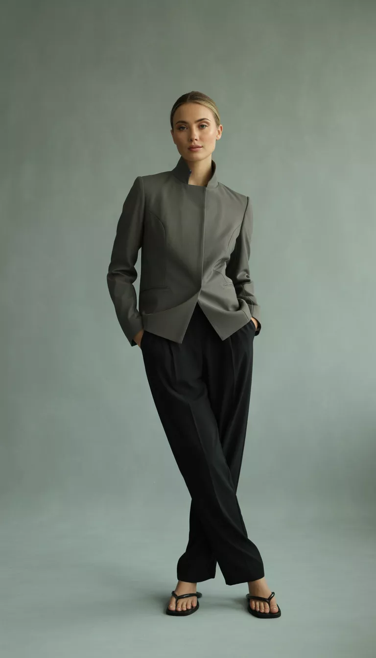 A beautiful woman in a high collared structured charcoal jacket and relaxed black trousers, wearing black flip flops, standing against a neutral studio backdrop.