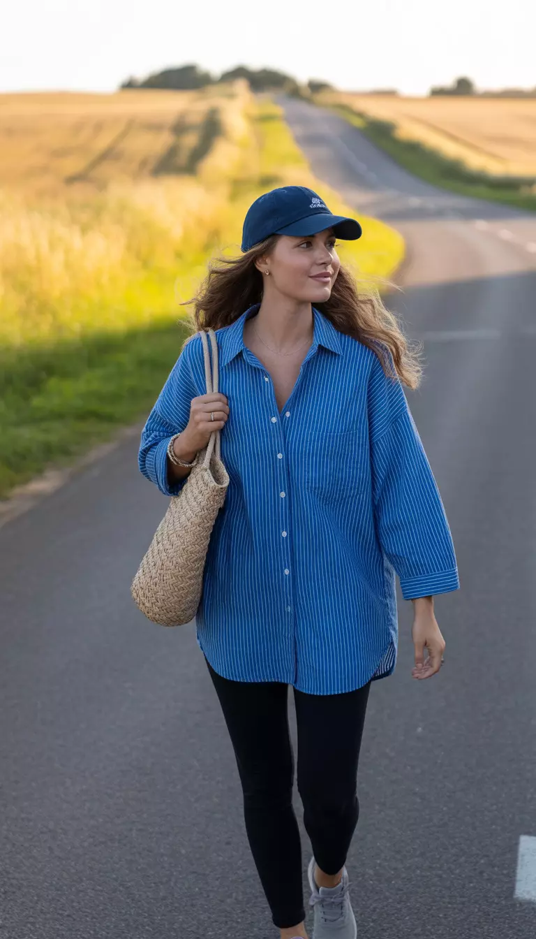 A realistic photo of a woman walking by a road wearing an oversized blue and white striped button-down shirt, black leggings, a dark blue baseball cap, and light grey sneakers while looking relaxed.