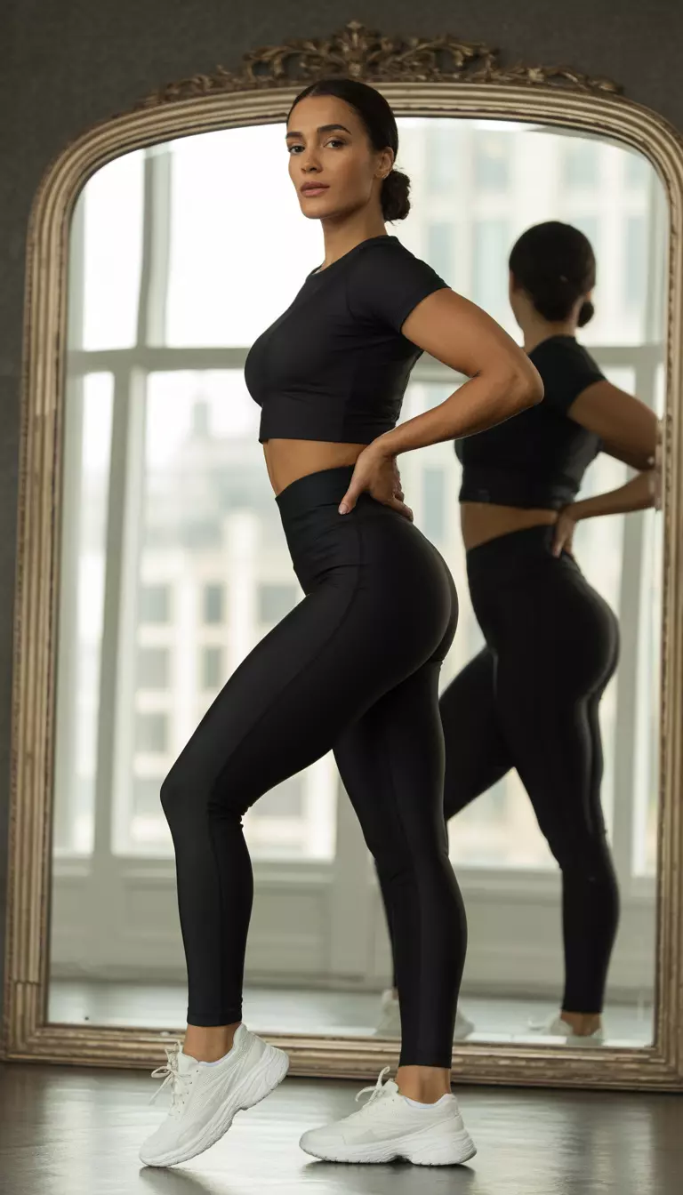A realistic photo of a woman posing in a mirror wearing an all-black athletic outfit with a short-sleeve crop top and matching high-waisted leggings, paired with white chunky sneakers.