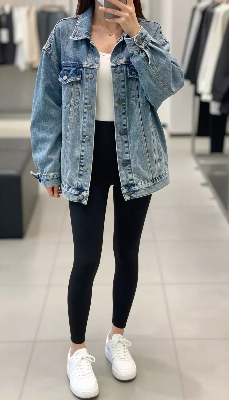 A realistic photo of a woman taking a mirror selfie wearing black leggings, a simple white tank top, an oversized light-wash denim jacket, and clean white sneakers in a modern indoor setting.