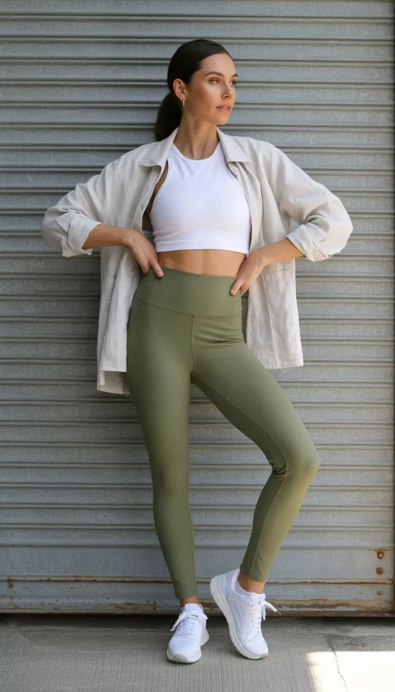 A realistic photo of a woman wearing olive green high-waisted leggings, a white crop top, an open light cream jacket, and white athletic sneakers while standing against a metal shutter.
