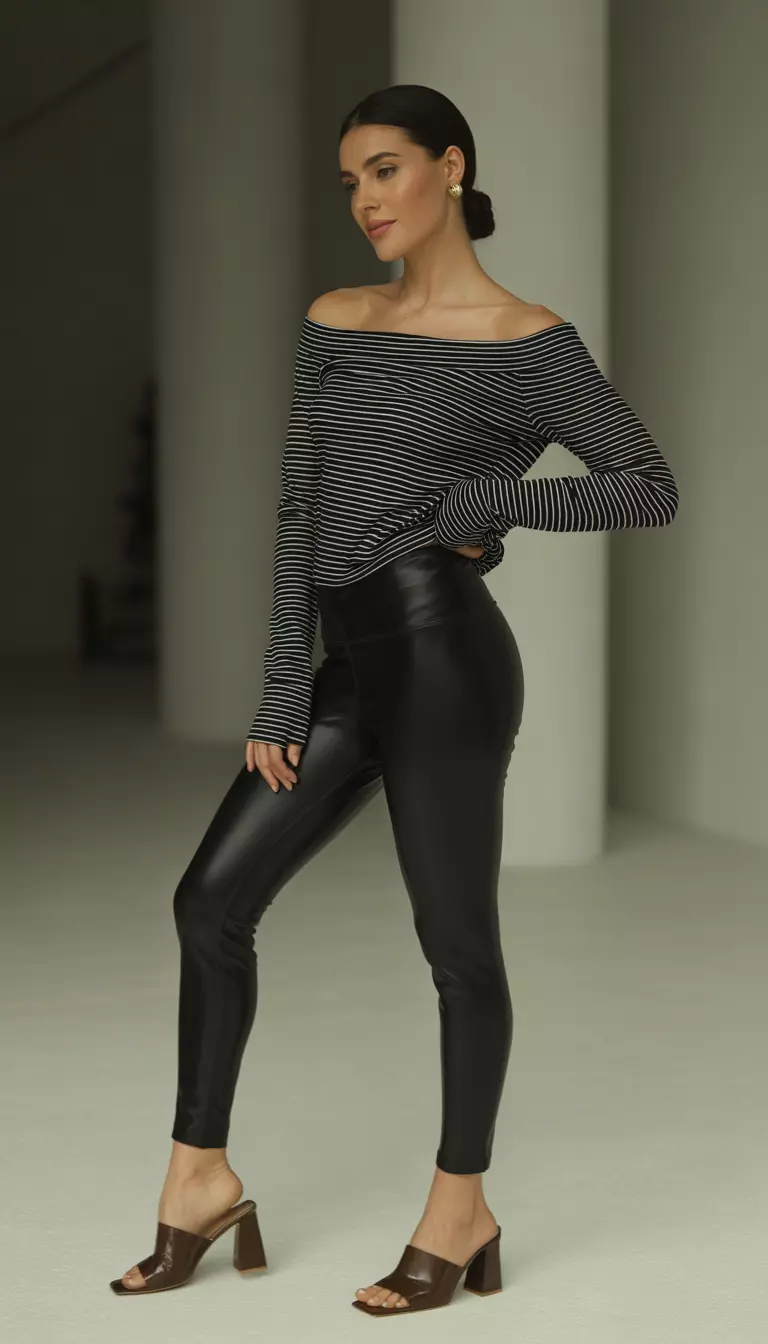 A realistic photo of a woman modeling a black and white horizontal striped off-the-shoulder long-sleeve top, black form-fitting leggings, and brown heeled slide mules indoors.