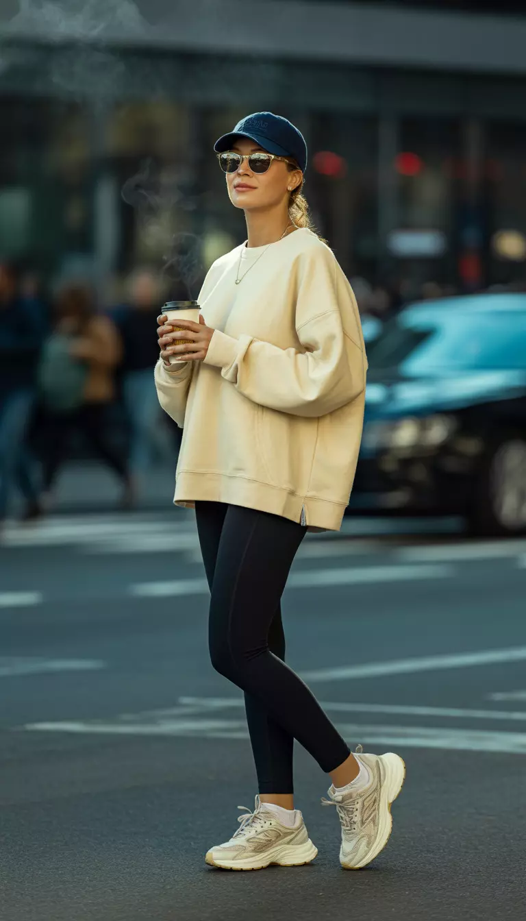 A realistic photo of a woman wearing a cream-colored oversized sweatshirt, black leggings, a navy blue baseball cap, sunglasses, and chunky light-colored athletic sneakers while holding a coffee cup.