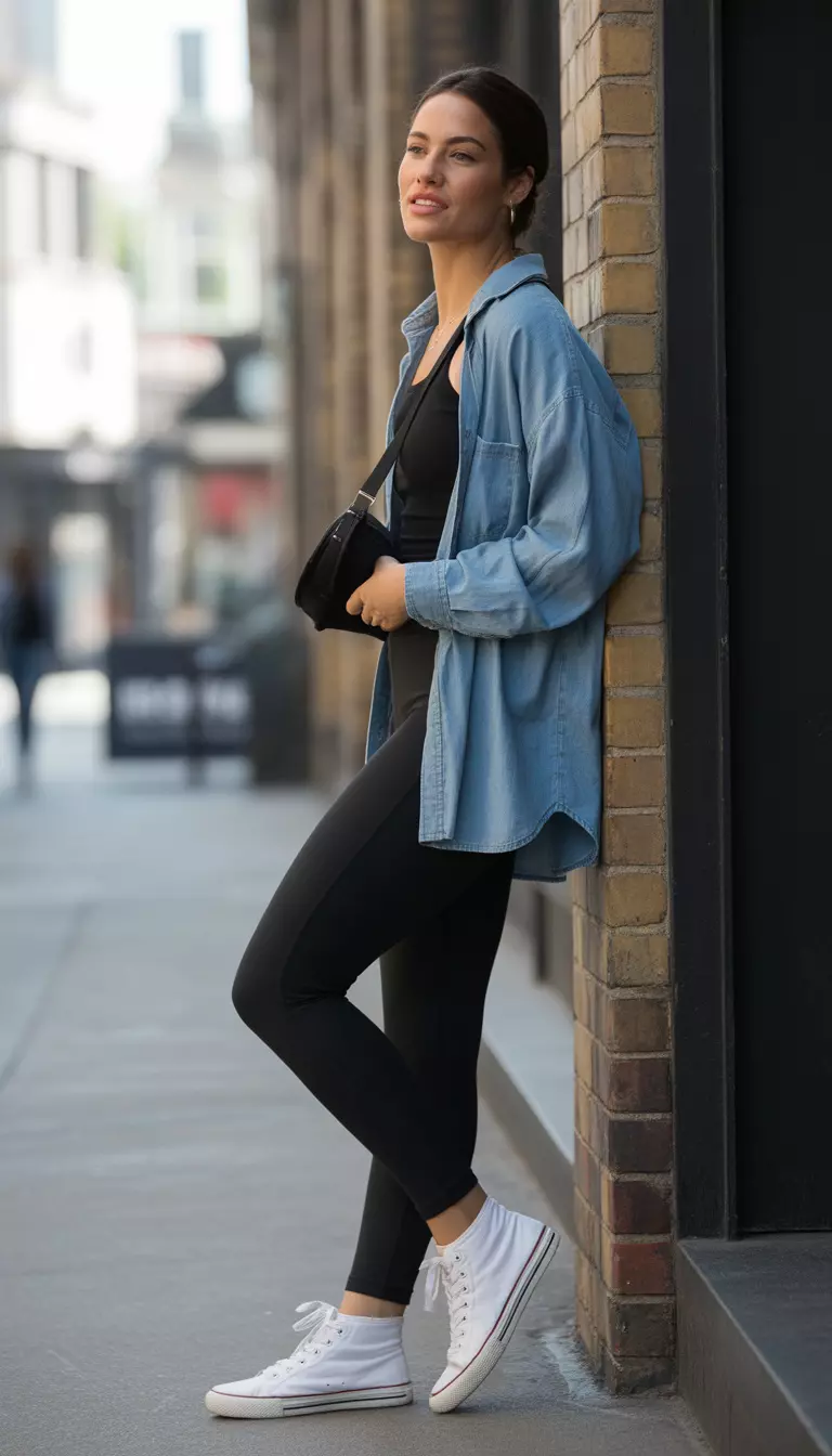 A realistic photo of a woman wearing black leggings, a black top, an oversized light-wash denim shirt worn open, white high-top canvas sneakers, and a black crossbody bag.