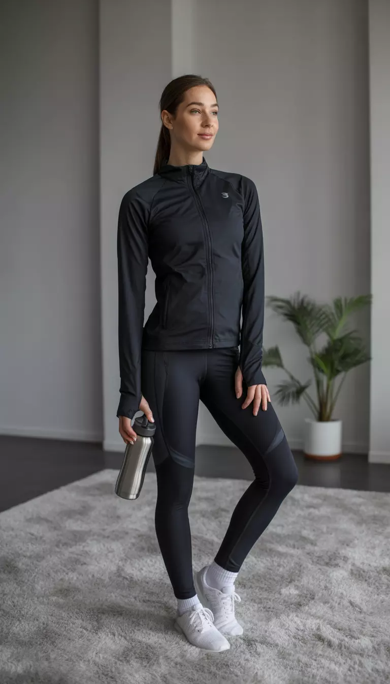 A realistic photo of a woman in a black zip-up athletic jacket and black leggings wearing white athletic shoes with visible white socks while holding a water bottle in a room with carpet.