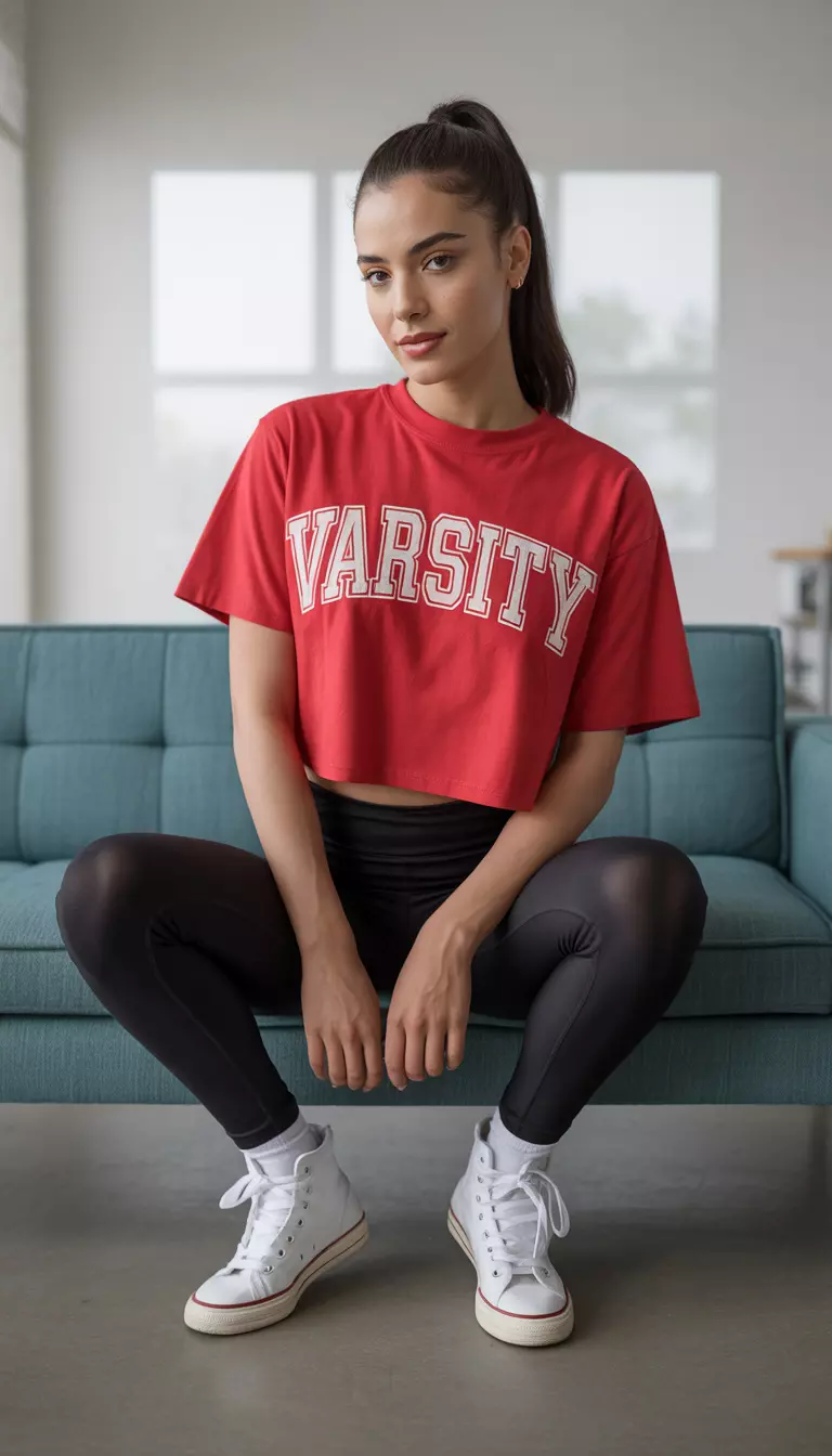 A realistic photo of a person wearing a red cropped t-shirt with varsity text, black leggings, and white high-top canvas sneakers while posing indoors near a couch.