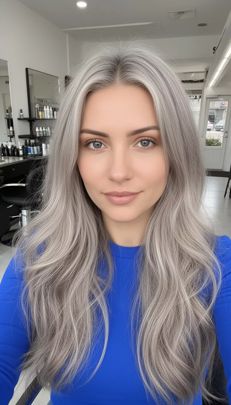 selfie of a 27-year-old woman wearing a blue top with an ashy blonde colored long hairstyle, front view, hair salon background.