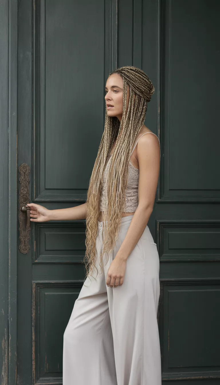 A beautiful woman in a beige lace bustier top and wide-leg white trousers, with blond braids, stands against a dark green door.