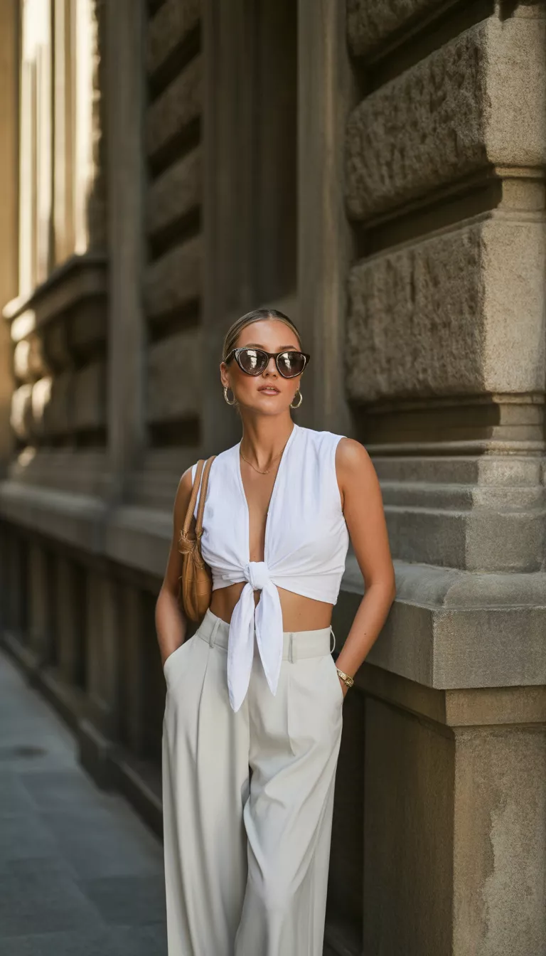 A beautiful woman in a white tie-front crop top, white wide-leg trousers, dark sunglasses, and a tan handbag, stands against a stone building.