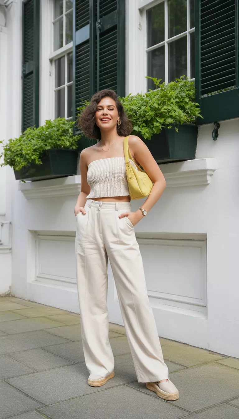 A beautiful woman in a cream knit tube top, matching cream wide trousers, chunky espadrilles, and a yellow bag, stands in front of a white townhouse.