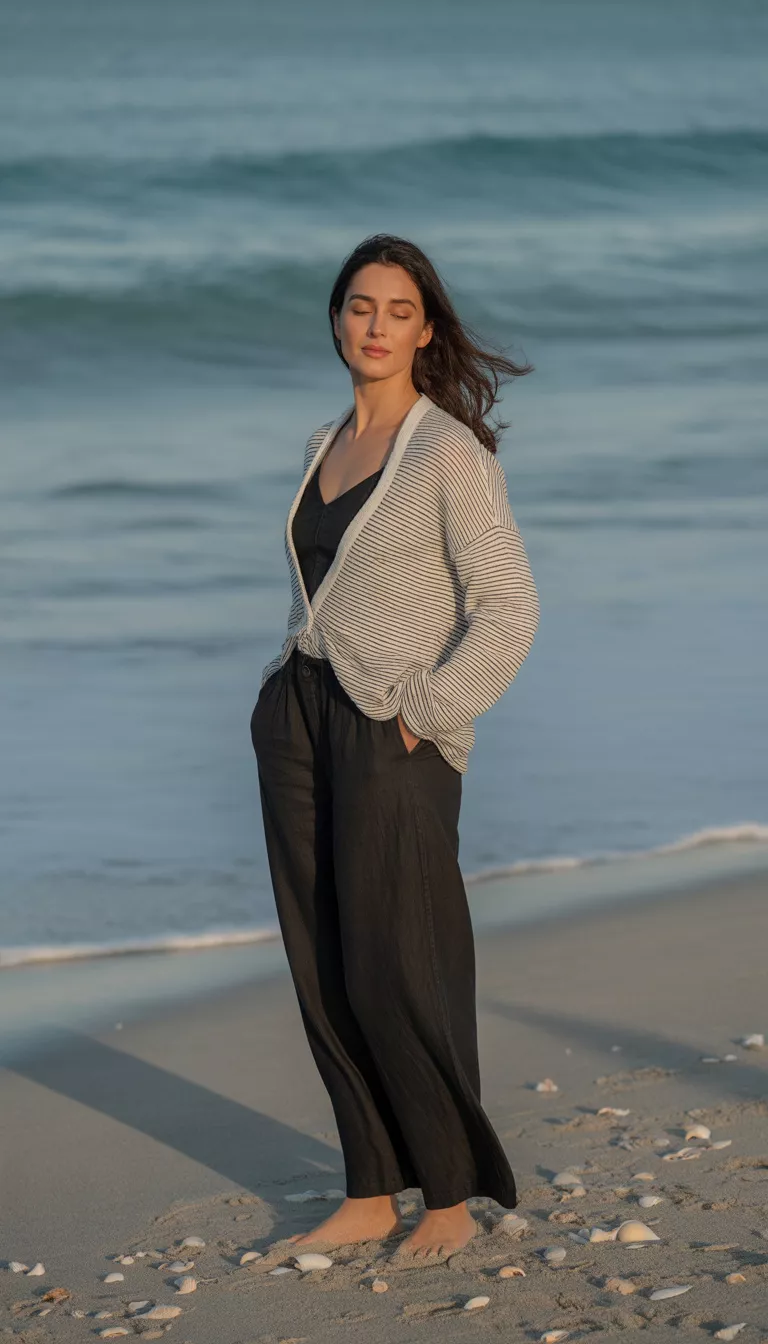A beautiful woman in black wide-leg linen pants, a black camisole, and a striped sweater draped over her shoulders, stands on a sandy beach.