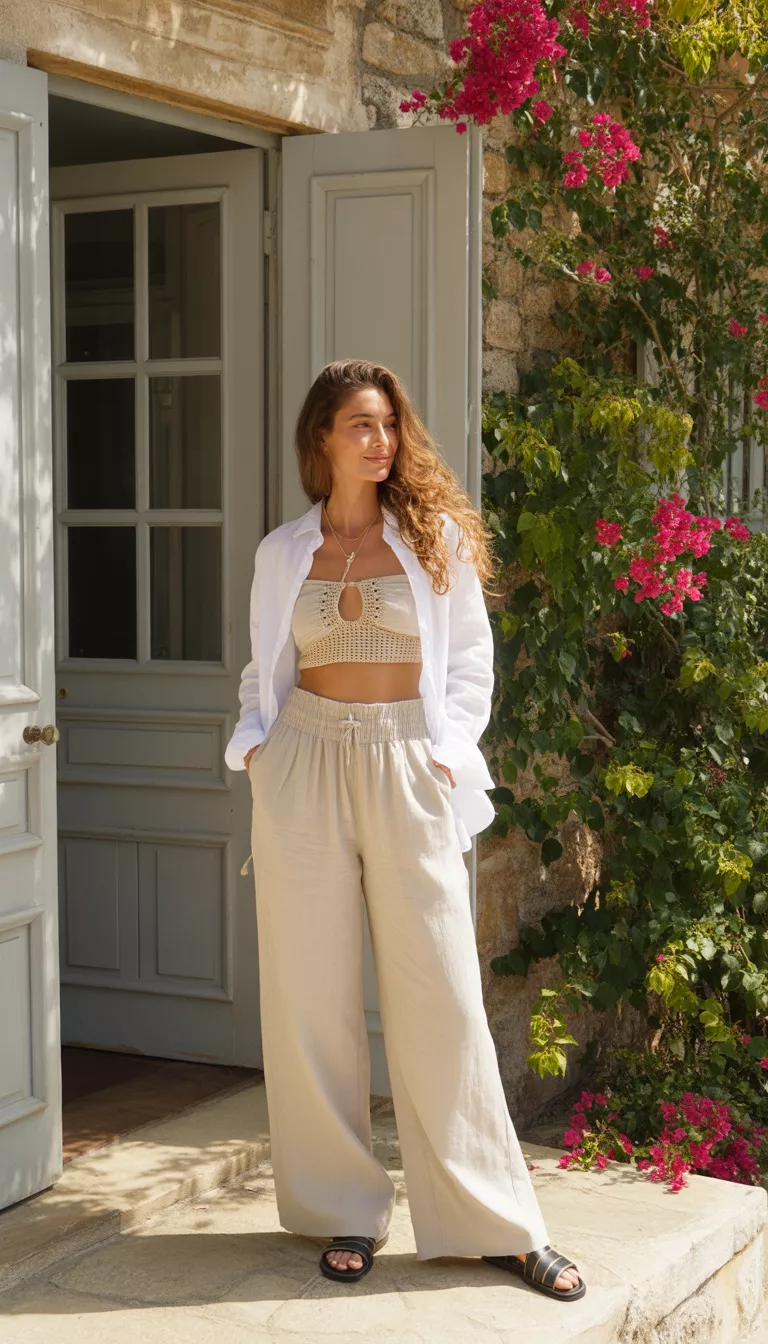 A beautiful woman in wide white linen pants, a crocheted cutout bandeau top, an unbuttoned white shirt, and black sandals, stands by a gray entryway.